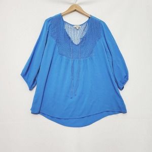 Live And Let Live Womens Blue Crinkle‎ Crochet Ballon Sleeve Blouse Top Size 1X